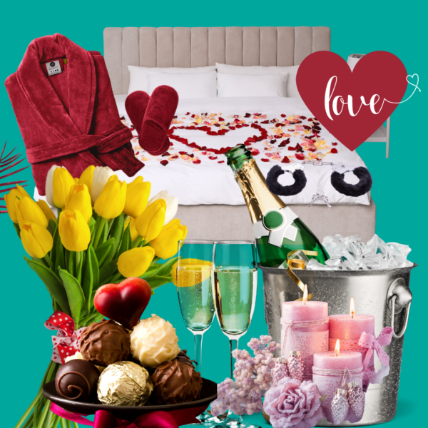 a collage of products that form part of romantic pack for guests of amazzzing travel