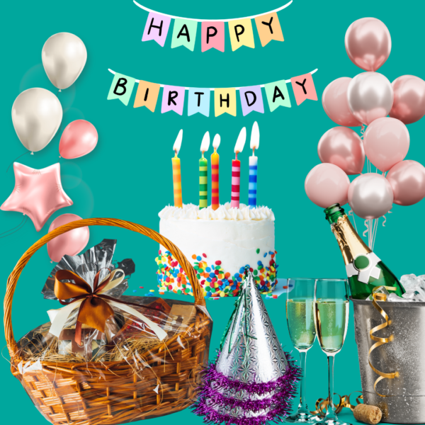 collage of birthday pack products like cake, gift basket, party hats, balloons, champagne