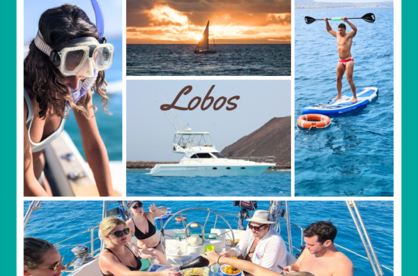 travelers enjoying boat trip to lobos island while snorkeling, watching sunset, having on-board paella and doing kayaking