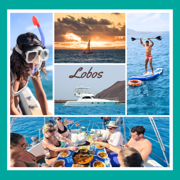 travelers enjoying boat trip to lobos island while snorkeling, watching sunset, having on-board paella and doing kayaking