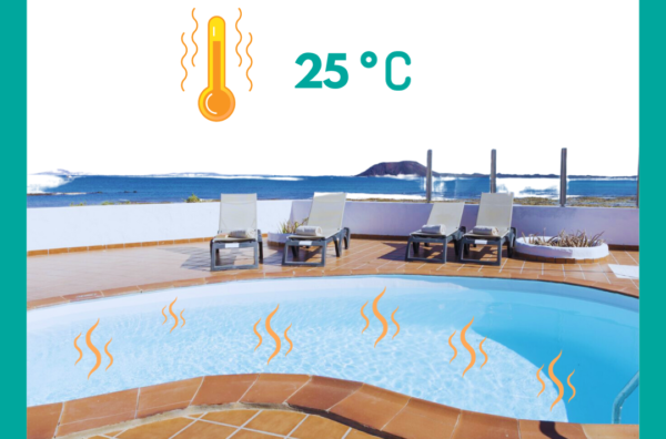 a swimming pool with backdrop of Lobos Island showing heated pool through a thermometer and temperature of 25º C
