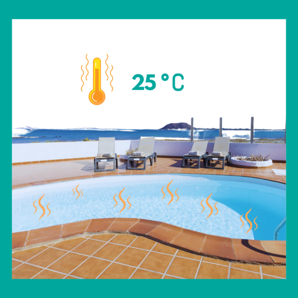 a swimming pool with backdrop of Lobos Island showing heated pool through a thermometer and temperature of 25º C