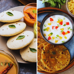 idli chutneys and aloo paratha with raita in breakfast options