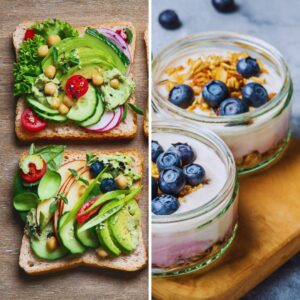 avocado on toast and fruits with yogurt for vegans